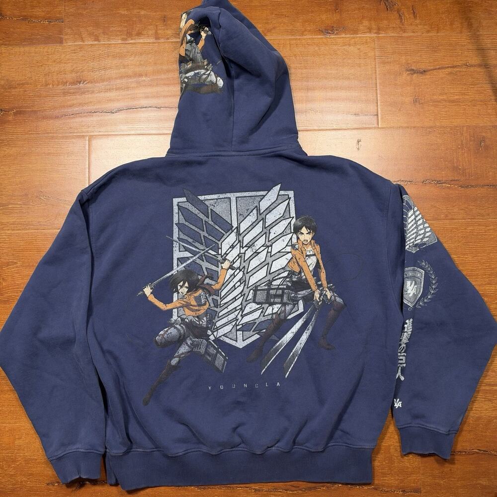 YoungLA X Attack On Titan Hoodie Sweater Mens L Blue Pullover Sweatshirt HK AOT